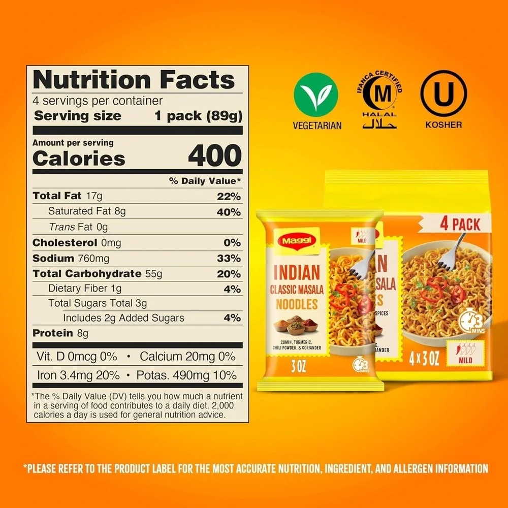 Maggi Classic Indian Masala Noodles 3 Min Mild Spicy Vegetarian